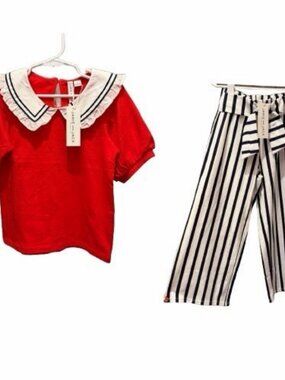 Janie and Jack Girl's 2-Piece Outfit size 6 Red Cotton Shirt and Striped Pants